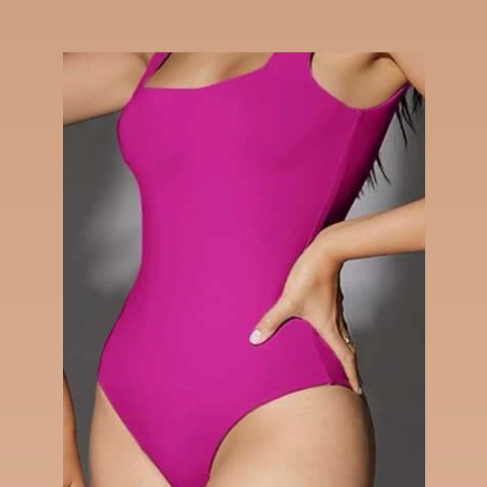 Hot pink square neck solid bodysuit
